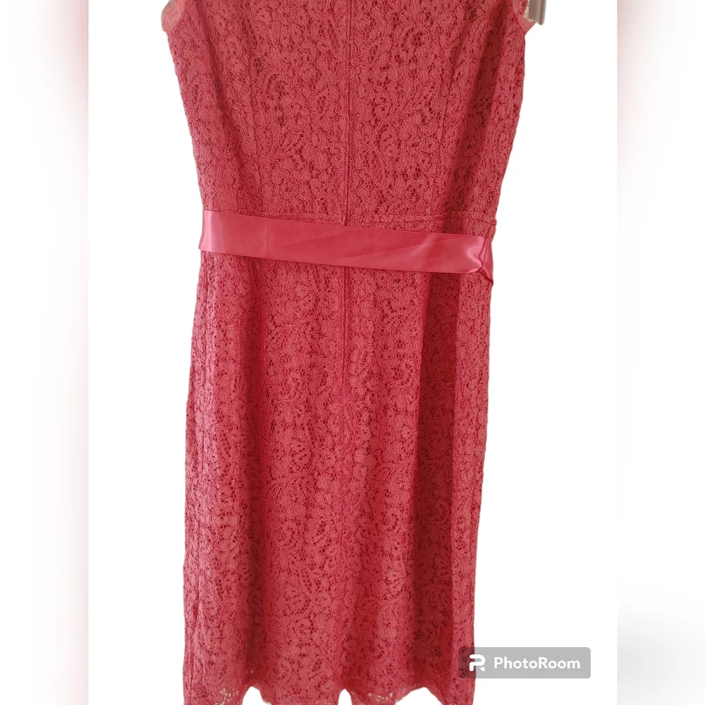 NWOT ADRIANNA PAPELL LACE FAUX WRAP CORAL SHEATH DRESS Size 4 - Picture 10 of 11